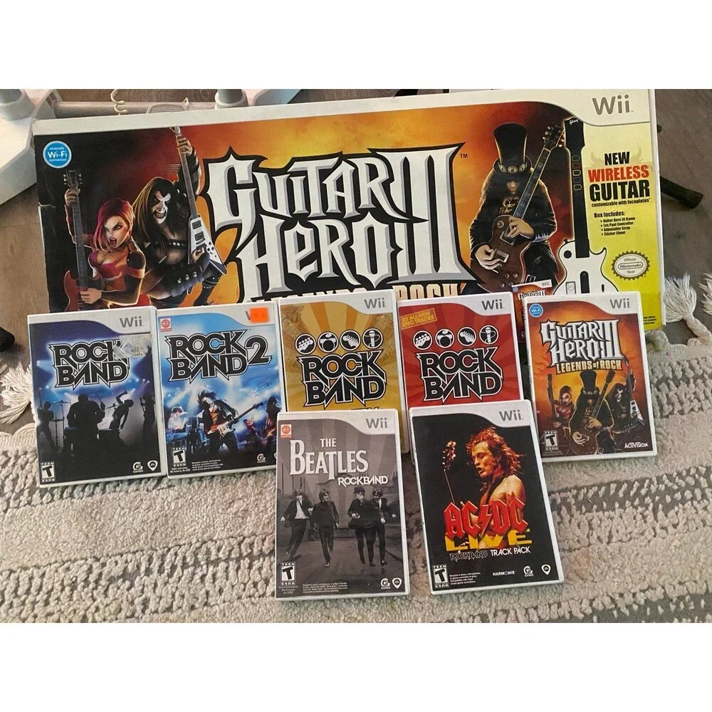 Nintendo Wii Rock Band Bundle -  Guitar, Drums, Mic w 7 games Tested Guitar hero